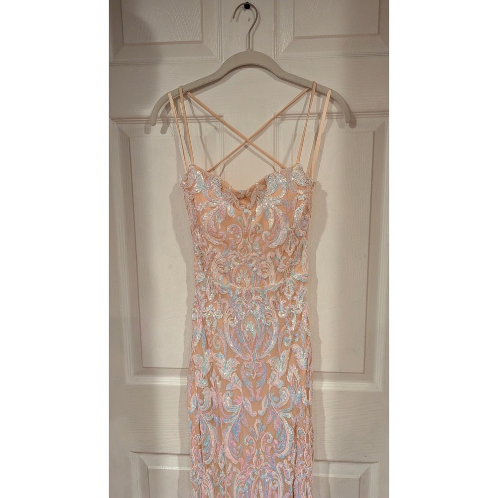 Windsor Priya Iridescent Sequin Lace Up Back Formal Prom Gown Ethereal Sz L - Picture 3 of 9